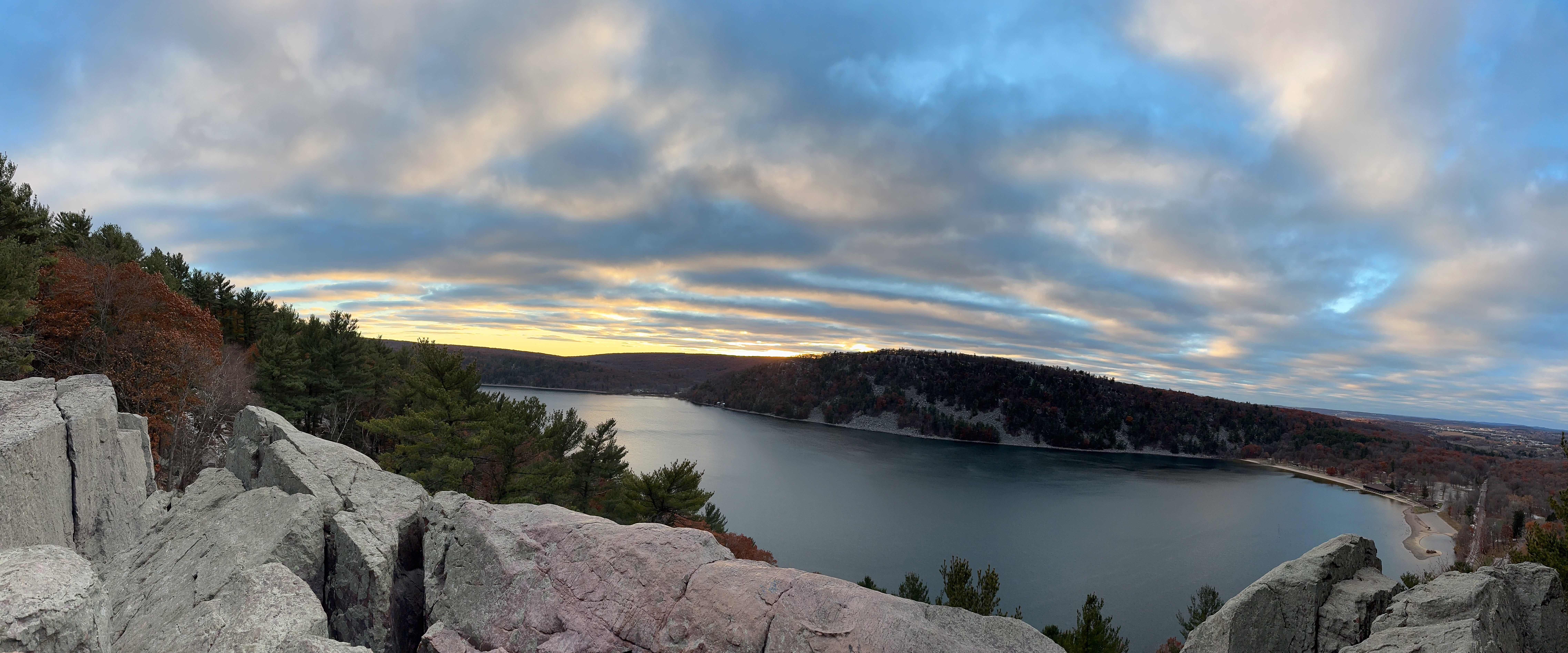 Panoramic view of Devils Lake and surrounding hills